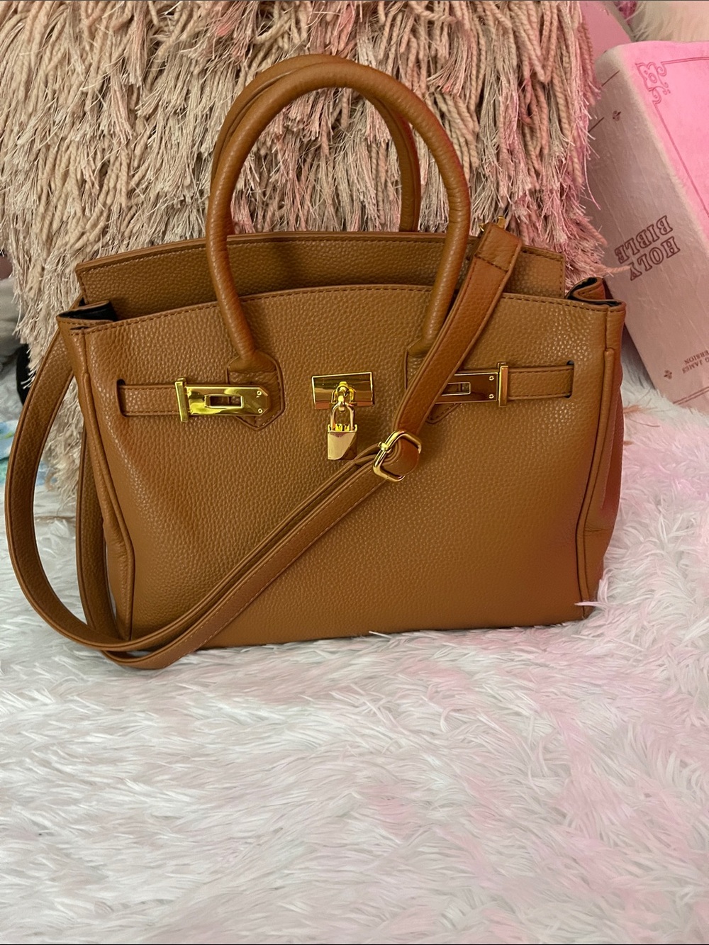 Classic Tan Leather Satchel Handbag with Gold Hardware